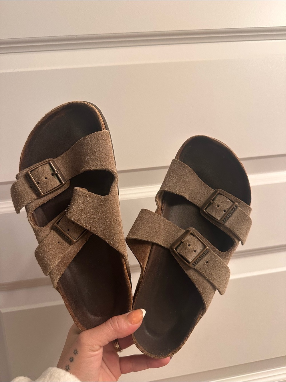 Birkenstock Taupe Suede Two-Strap Buckle Sandals